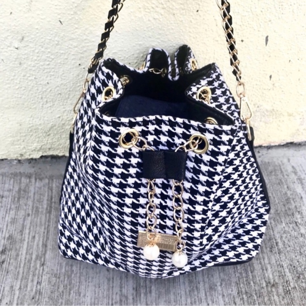 Houndstooth BUCKET purse gold chain shoulder BAG - Picture 2 of 5